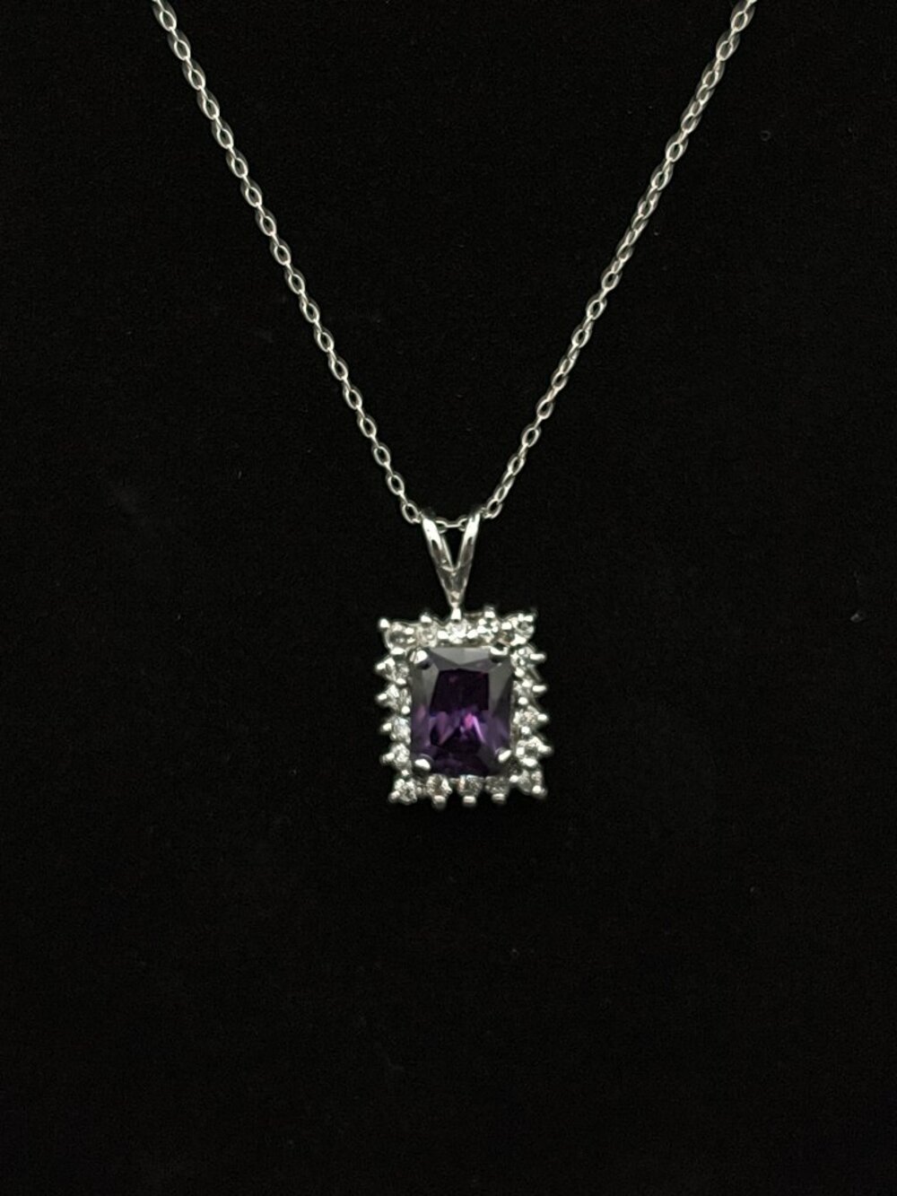 925 Sterling Silver FAS Faceted Purple Gemstone Pendant & Rhinestone Necklace